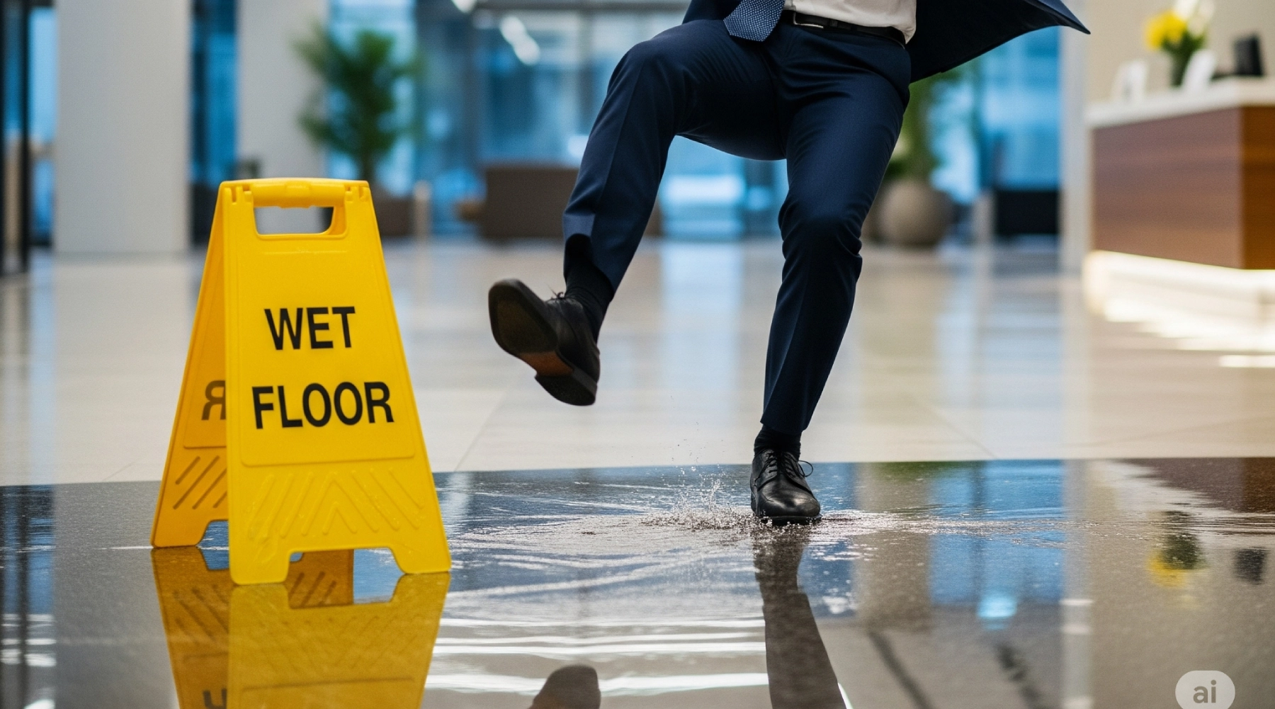 A businessman stepping on a wet floor near a yellow warning sign indicating caution for wet surfaces.