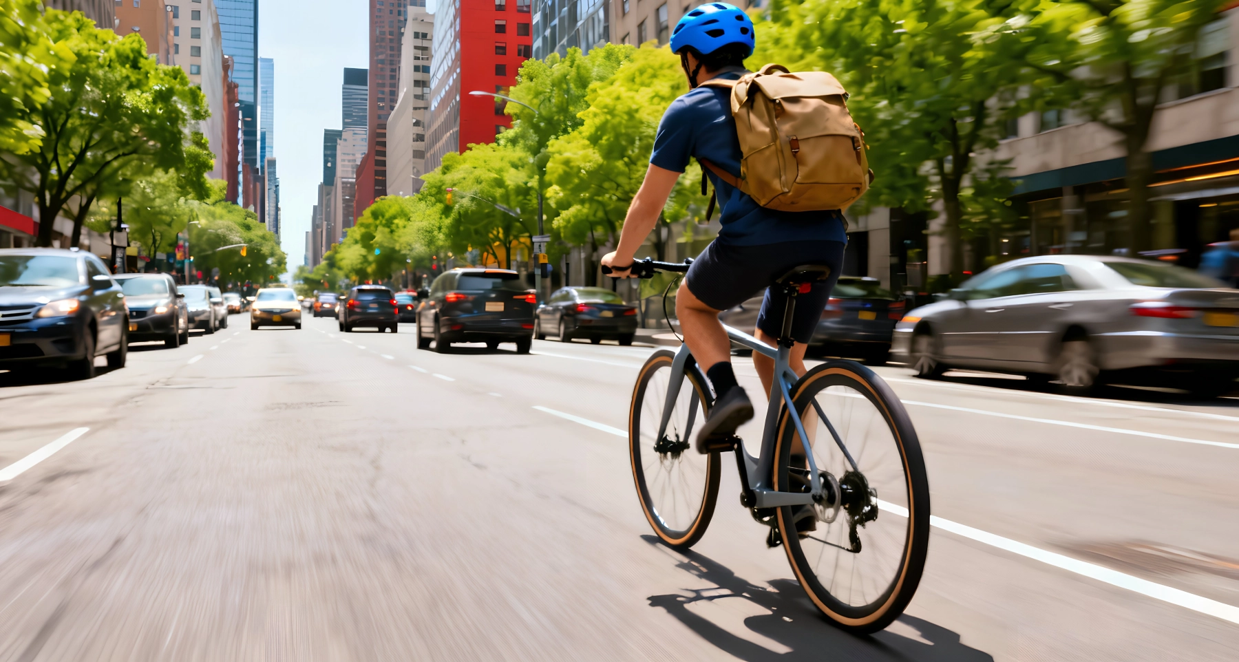 A person wearing a blue helmet and brown backpack rides a bicycle down a city street lined with trees, alongside cars and tall buildings on a sunny day—just the scene Las Vegas Bicycle Accident Attorneys know all too well.