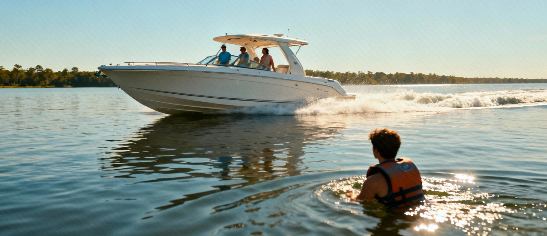 A person in a life jacket stands in shallow water, watching a white motorboat with several people on board cruise by on a sunny day, mindful of boating accident risks. Trees line the distant shoreline.