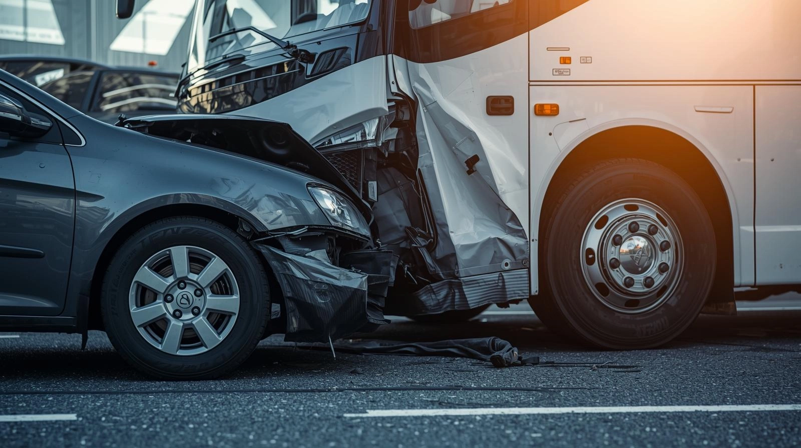 A damaged car and a bus involved in a collision, showing significant impact on both vehicles.