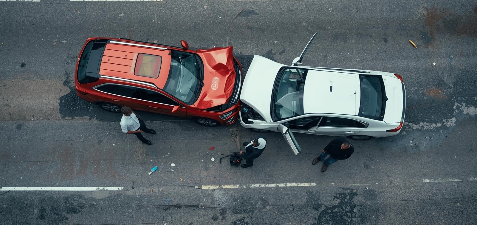 Aerial view of a red SUV and a white car in a head-on collision on a road, with three people nearby and one car door open—scene often handled by an experienced Las Vegas car accident attorney.
