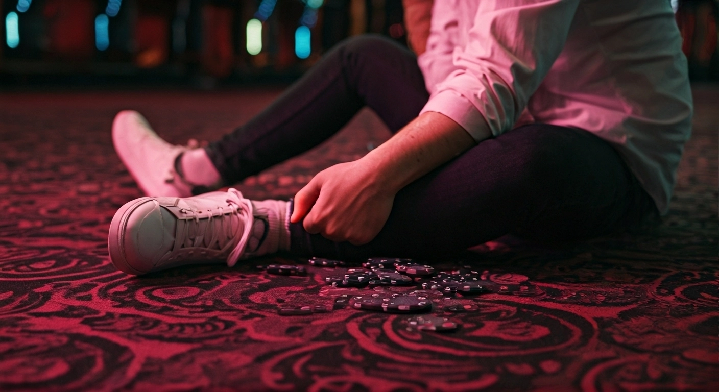 Individual sitting on the floor of a casino with scattered poker chips around them.