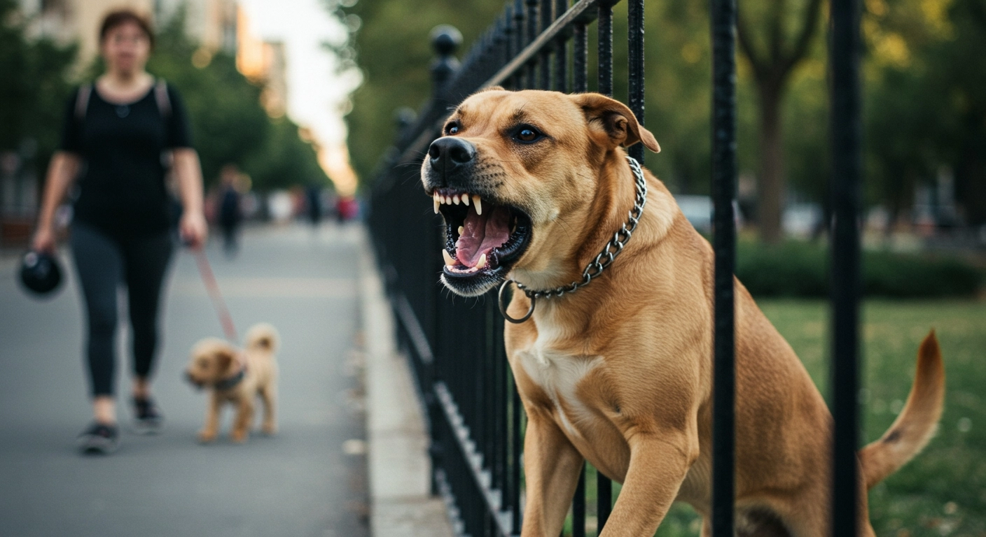 A brown dog with a chain collar barking aggressively behind a black fence while a person walks a smaller dog in the background.