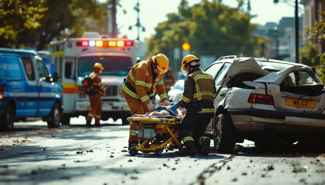 Firefighters assist an injured person on a stretcher next to a badly damaged white car after an accident; an ambulance and emergency personnel are visible in the background on a city street.