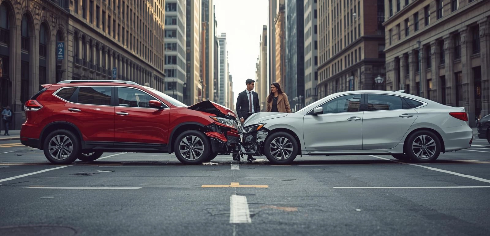 A red SUV and a white sedan have crashed head-on in the middle of a Las Vegas city street, with two people standing nearby, looking at the damage. Tall buildings line both sides of the empty street.
