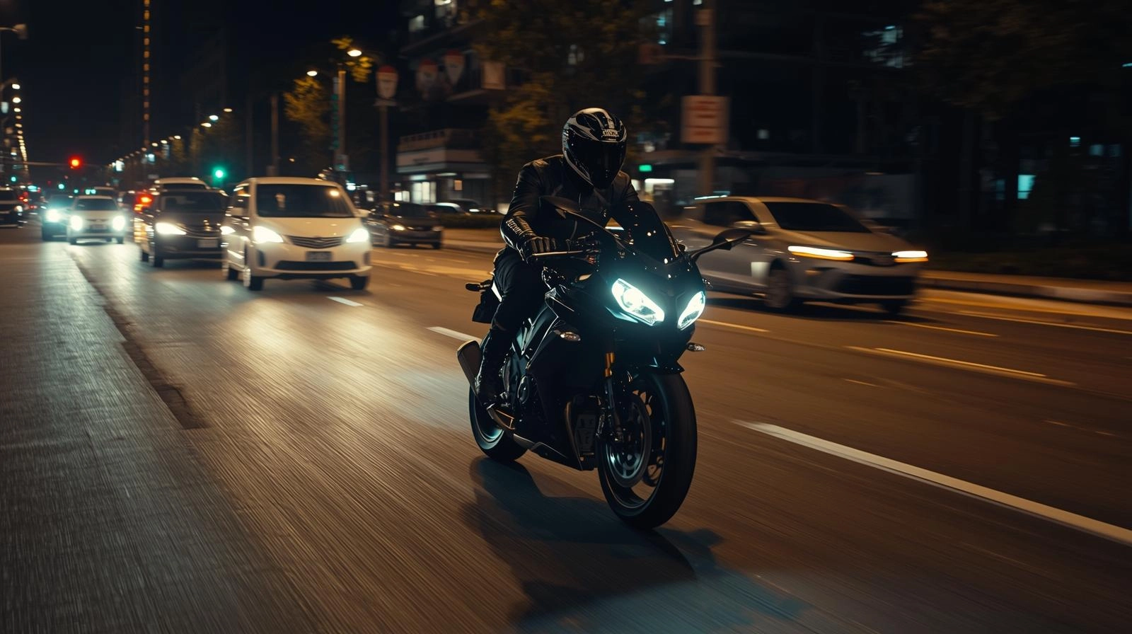 A motorcycle navigating through traffic on a busy city street at night with headlights illuminated.