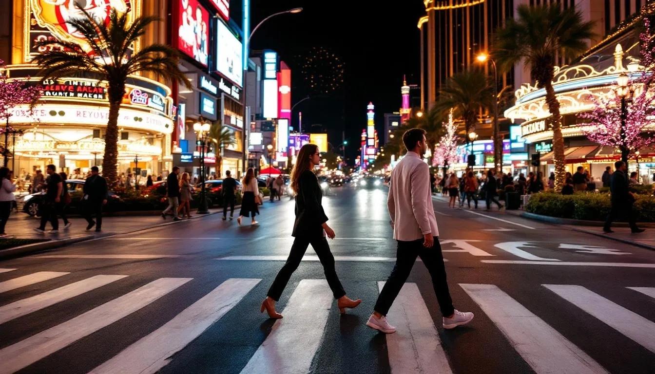 Two pedestrians walking across a crosswalk at night in a brightly lit urban area.