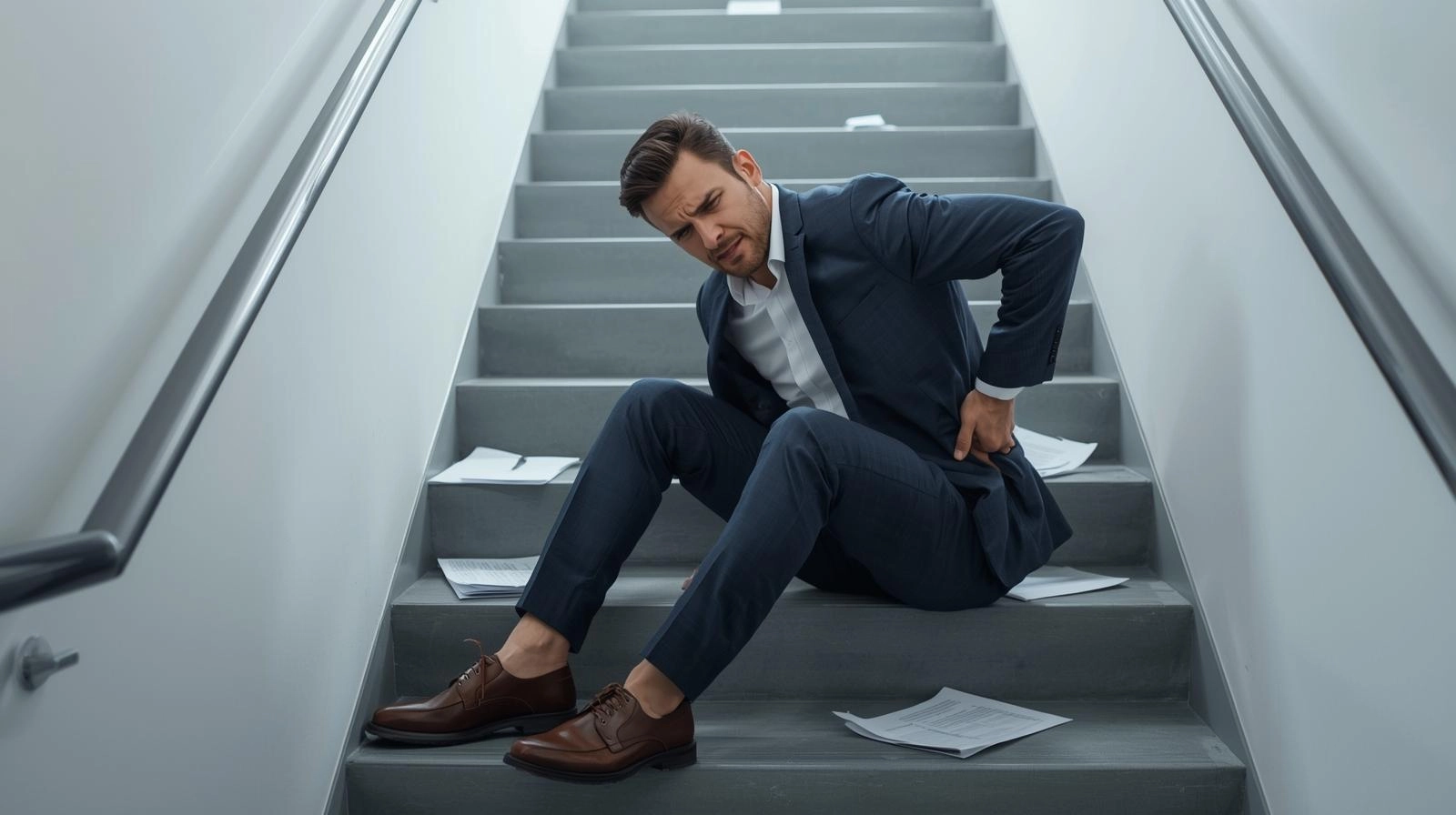 Man in a suit sitting on stairs, holding his lower back in discomfort, surrounded by scattered papers.