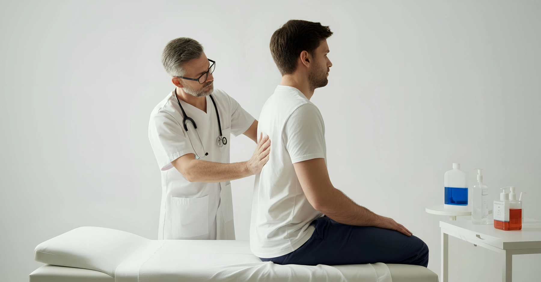 A doctor examining a patient's back during a medical consultation for spine injury.