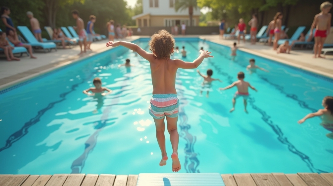 A child jumping into a swimming pool with other children swimming nearby.