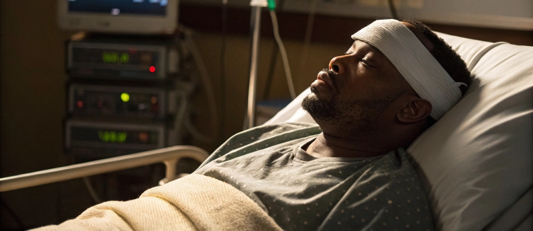 A man with a head bandage lies unconscious in a hospital bed, covered with a beige blanket. Medical monitors and equipment are visible in the background, highlighting the serious impact that may require a Traumatic Brain Injury Lawyer.