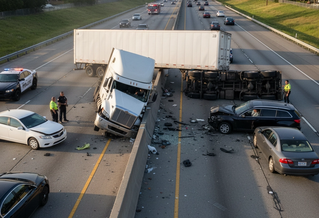 A multi-vehicle accident on a highway involves a jackknifed semi-truck, an overturned truck, and several damaged cars. Police officers are at the scene, and debris is scattered across the lanes; a truck accident lawyer Las Vegas may be needed.