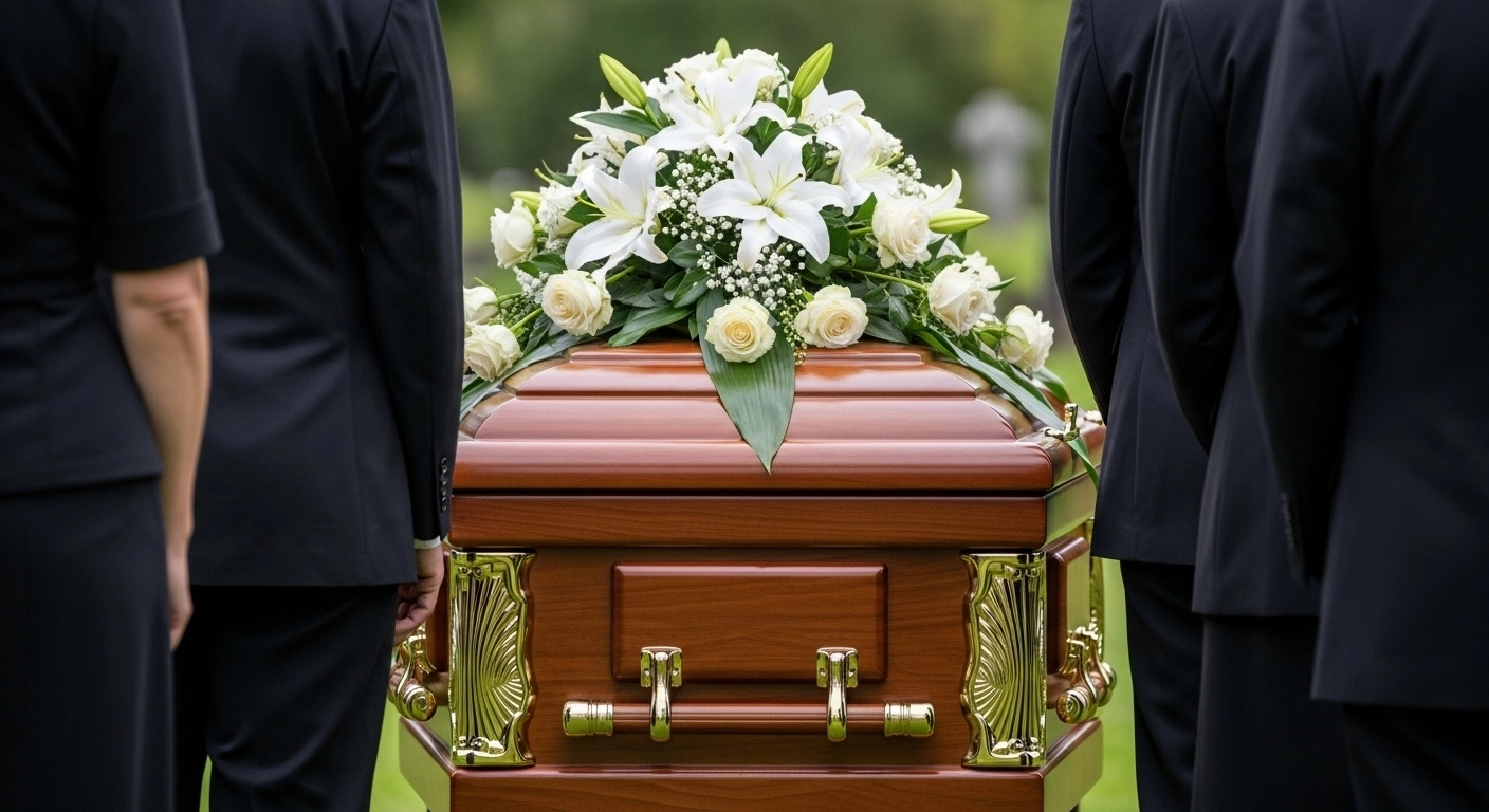 A polished wooden casket with gold handles is adorned with a large bouquet of white lilies and roses. People dressed in black stand on either side, suggesting a funeral or memorial service where a wrongful death lawyer Las Vegas may be present.